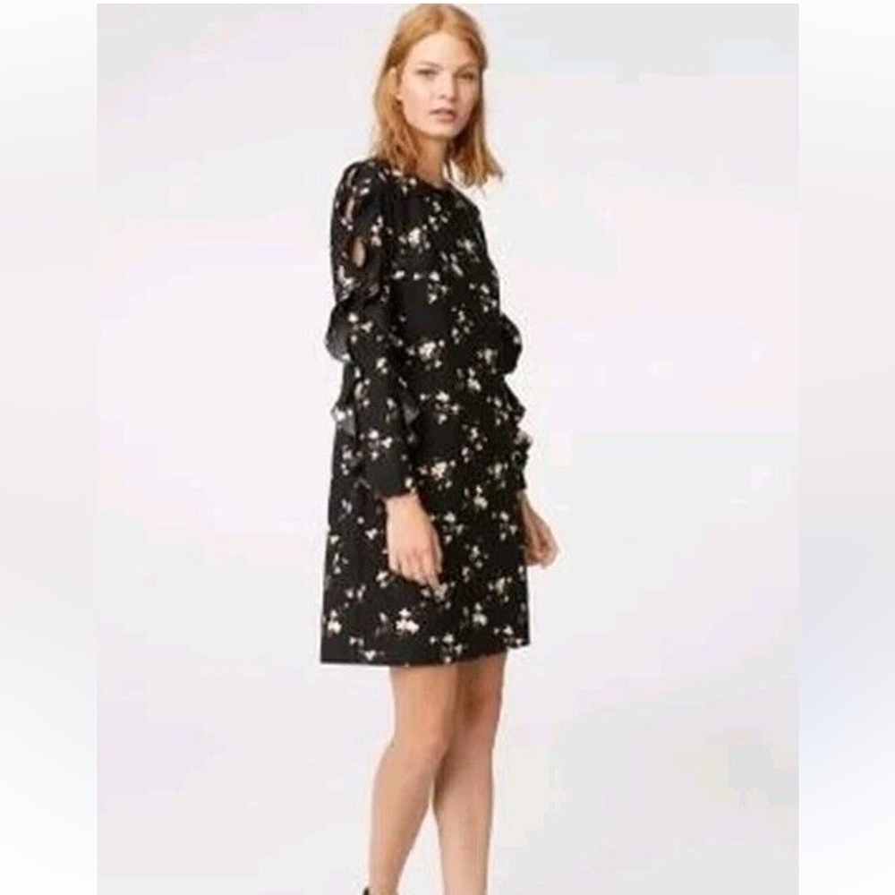 • Club Monaco • Clayre Black Floral Ruffle Trim Long Sleeve Sheath Dress Mini